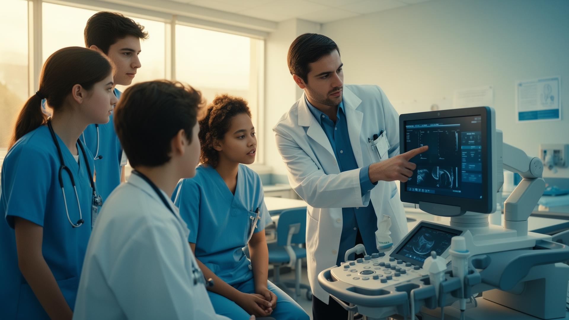 A mentor teaching medical students around an ultrasound machine