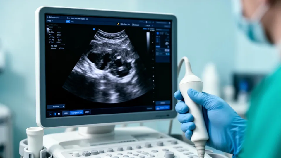 Ultrasound machine displaying a grayscale diagnostic scan