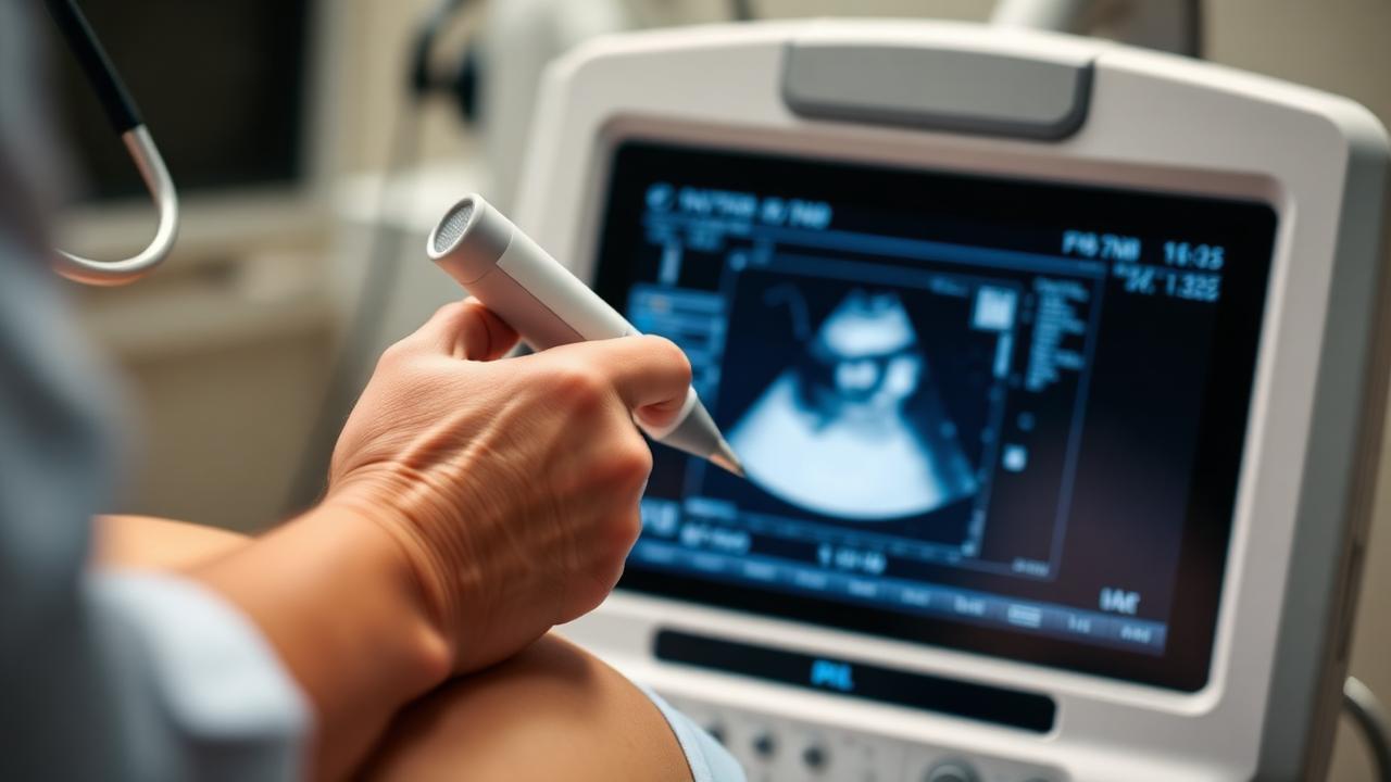 Doctor's hands holding an ultrasound probe with a live scan on the monitor