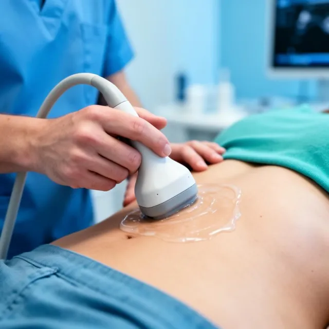Sonographer holding an ultrasound probe against a patient