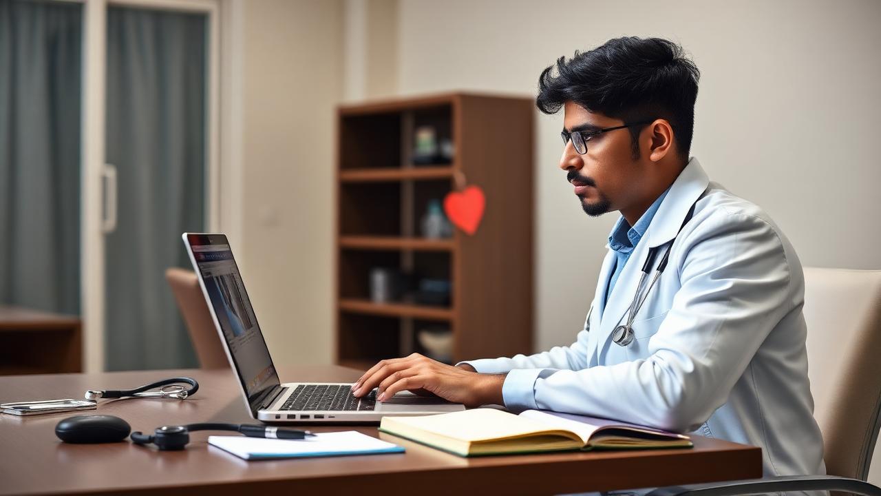 Doctor studying an echocardiography course on a laptop with a notebook and stethoscope