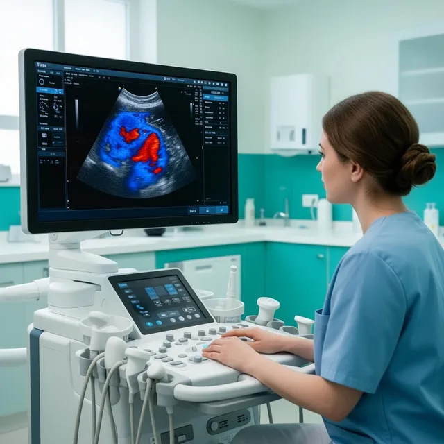 Echocardiography workstation showing a color Doppler heart scan